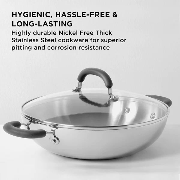 Meyer Select Nickel Free Stainless Steel Kadai, Kadhai with Glass Lid |  Steel Kadai with Triply Base | Steel Cookware for Deep Frying | Gas and