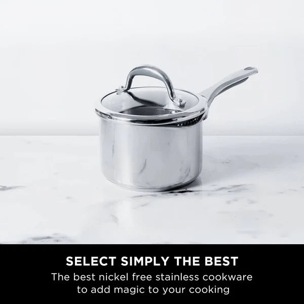 Meyer Select Stainless Steel Straining Saucepan with glass lid