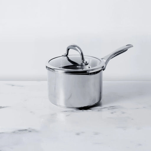 Meyer Select Stainless Steel Straining Saucepan with glass lid